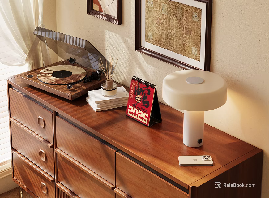 Decorative Ornament Set with Vinyl Record Player White Lamp Red ELVIS Calendar on Wooden Dresser 3d model 