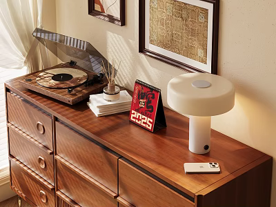 Decorative Ornament Set with Vinyl Record Player White Lamp Red ELVIS Calendar on Wooden Dresser 3d model