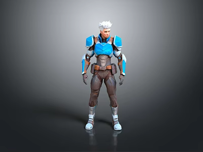 3D Male Character Model With White Hair Blue Armor And Brown Outfit Standing 3d model