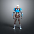 3D Male Character Model With White Hair Blue Armor And Brown Outfit Standing