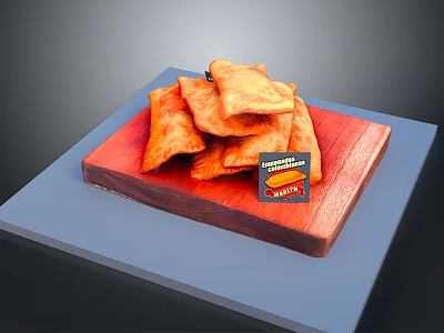 Crispy Fried Pastries on Red Wooden Tray with Delicious Crunchy Delight 3d model