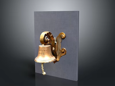 Wall Mounted Brass Alarm Bell With Decorative Gold Mount And Rope On Gray Background 3d model