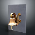 Wall Mounted Brass Alarm Bell With Decorative Gold Mount And Rope On Gray Background