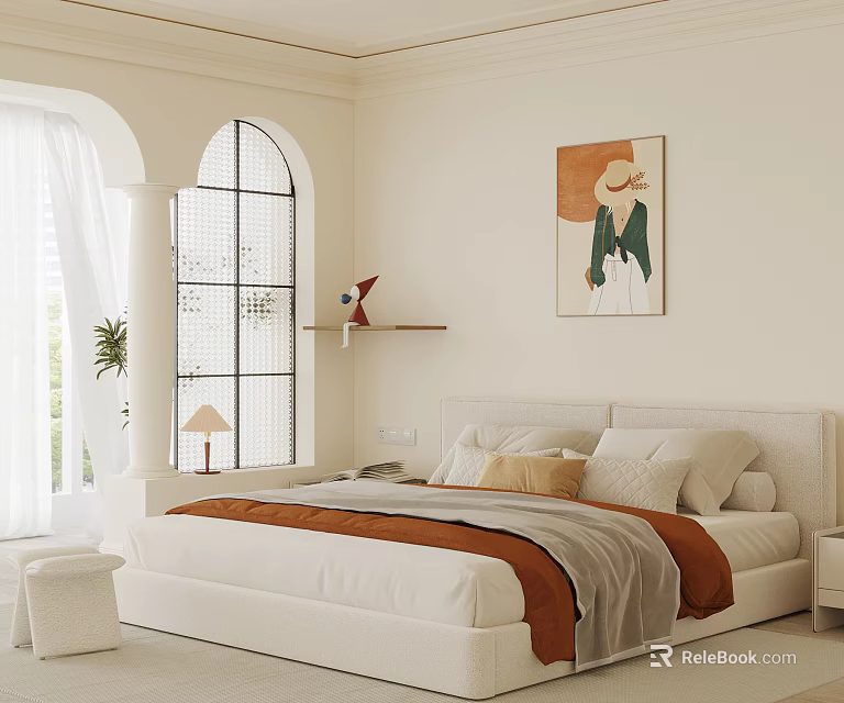 Modern Bedroom Interior Design With Arched Window Decorative Painting And White Bed 3d model 