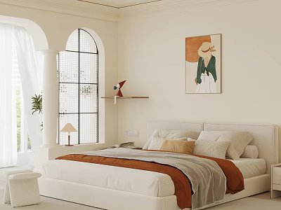 Modern Bedroom Interior Design With Arched Window Decorative Painting And White Bed 3d model