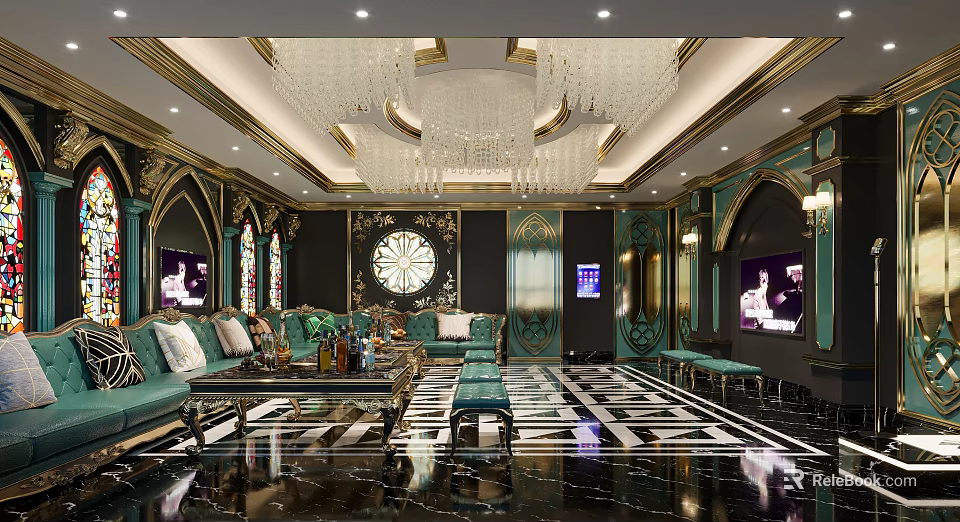 Opulent KTV Interior Design With Crystal Chandelier Plush Sofas TV Screens And Patterned Flooring 3d model 