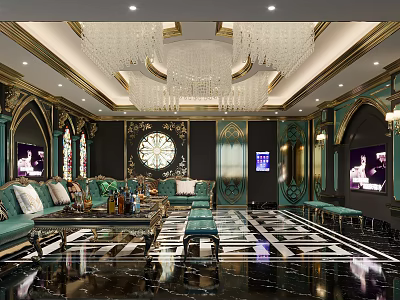 Opulent KTV Interior Design With Crystal Chandelier Plush Sofas TV Screens And Patterned Flooring 3d model