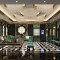 Opulent KTV Interior Design With Crystal Chandelier Plush Sofas TV Screens And Patterned Flooring