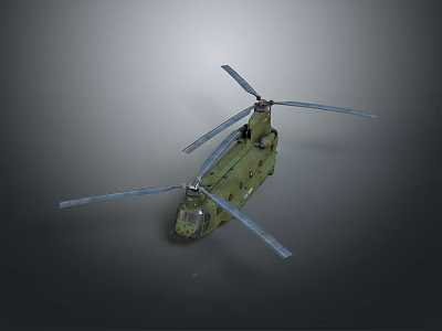 Detailed Green Military Helicopter With Twin Rotors And Camouflage Exterior Design 3d model