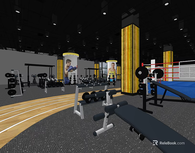 Modern Gym Interior With Fitness Equipment Boxing Ring And Treadmill Track 3d model 