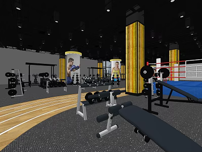 Modern Gym Interior With Fitness Equipment Boxing Ring And Treadmill Track 3d model