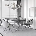 Modern Dining Table Set With Beige Chairs Branch Chandelier Snowy Mountain View Through Window