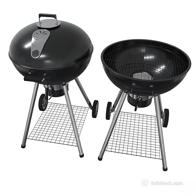 Black Outdoor Grills with Metal Stands Wire Racks and Wheels 3d model 