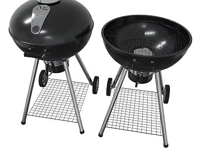 Black Outdoor Grills with Metal Stands Wire Racks and Wheels 3d model