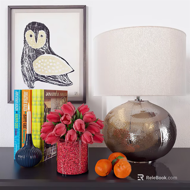 Decorative Ornament Combination With Owl Painting Books Blue Vase Red Tulips Oranges And Silver Lamp 3d model 