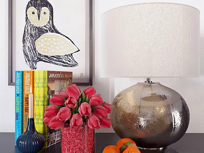 Decorative Ornament Combination With Owl Painting Books Blue Vase Red Tulips Oranges And Silver Lamp 3d model