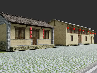 Traditional Ancient Architecture Exterior With Tiled Roof Red Lanterns And Stone Paved Road 3d model