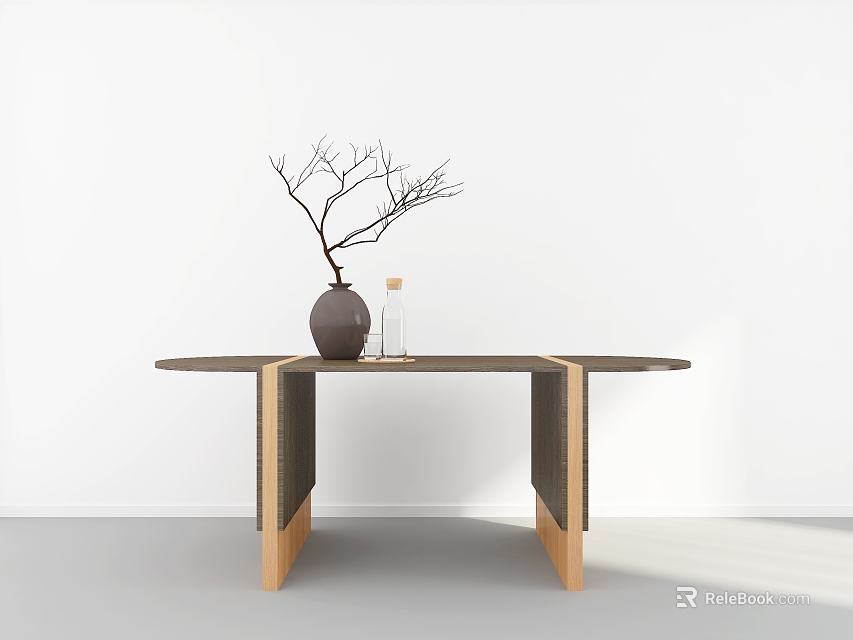 Minimalist Modern Dining Table With Gray Top Cross Wooden Legs And Branch Vase Decor 3d model 