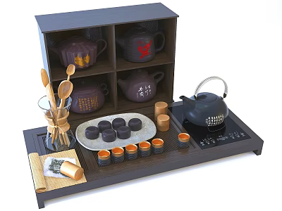 Elegant Tea Set with Teapot Teacups Wooden Shelf and Tea Tray 3d model