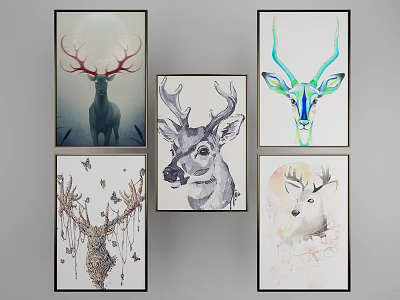 Colorful Deer Animal Paintings With Antler Butterflies And Watercolor Art Styles 3d model
