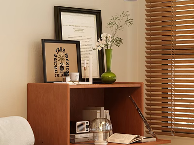 Home Interior Wooden Shelf With Framed Certificate Green Vase Candles White Flowers And Books 3d model