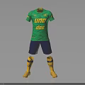 Green Short Sleeved Soccer Jersey With Yellow Uno Dos Text And Blue Shorts Yellow Socks