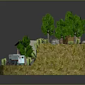 Cartoon Scene With Wooden Cabin Stone Stairs Tent Green Trees And Blue Van