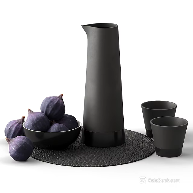 Black Tableware Set With Pitcher Bowl And Cups On Woven Mat 3d model