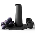 Black Tableware Set With Pitcher Bowl And Cups On Woven Mat 3d model