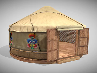 Traditional Dome Shaped Yurt Tent With Beige Fabric Colorful Embroidery Wooden Doors And Floor 3d model