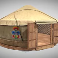 Traditional Dome Shaped Yurt Tent With Beige Fabric Colorful Embroidery Wooden Doors And Floor