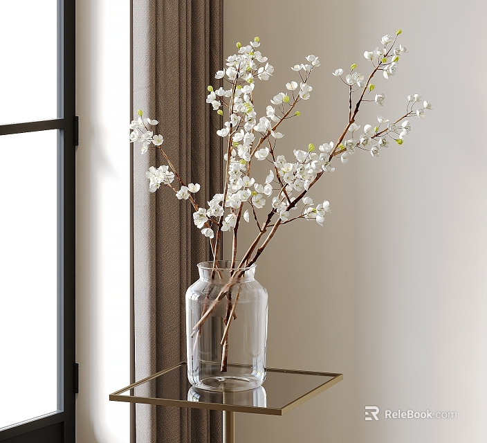 Clear Glass Vase With White Flower Branches On Gold Metal Table By Window 3d model 