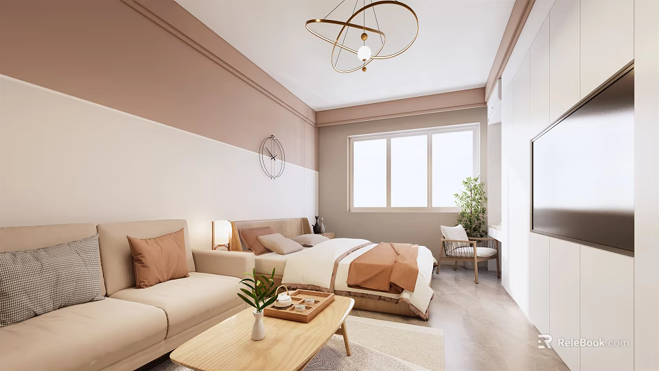 Cozy Apartment Interior Featuring Sofa Bed Wooden Coffee Table Pendant Light And Green Plant 3d model 