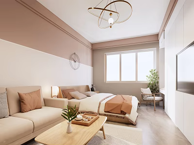 Cozy Apartment Interior Featuring Sofa Bed Wooden Coffee Table Pendant Light And Green Plant 3d model