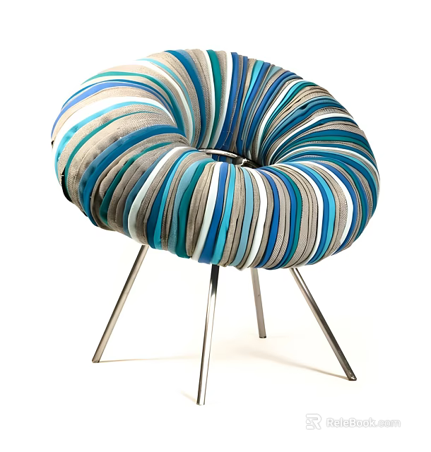 Modern Circular Striped Fabric Single Chair With Blue Gray White Colors And Silver Metal Legs 3d model 