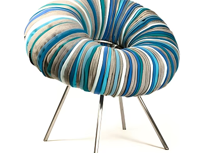 Modern Circular Striped Fabric Single Chair With Blue Gray White Colors And Silver Metal Legs 3d model