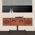 Vintage Red TV Stand With Decorative Lamp And Control Panel Grilles
