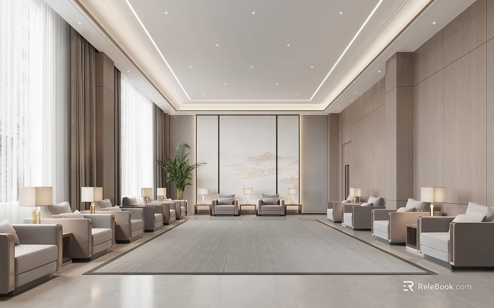 Hotel Public Lounge Area Featuring Comfortable Sofas Armchairs Large Windows Gray Curtains And Decorative Art 3d model 