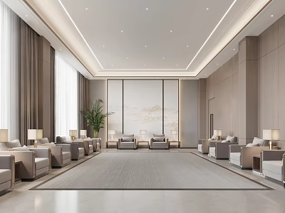 Hotel Public Lounge Area Featuring Comfortable Sofas Armchairs Large Windows Gray Curtains And Decorative Art 3d model