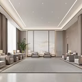 Hotel Public Lounge Area Featuring Comfortable Sofas Armchairs Large Windows Gray Curtains And Decorative Art