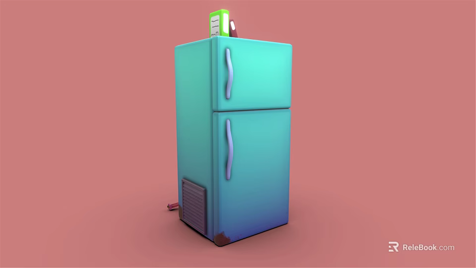 Modern Turquoise Double Door Refrigerator Freezer With Green Box on Top Against Pink Background 3d model 