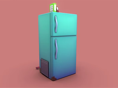 Modern Turquoise Double Door Refrigerator Freezer With Green Box on Top Against Pink Background 3d model