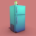 Modern Turquoise Double Door Refrigerator Freezer With Green Box on Top Against Pink Background