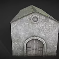 Cartoon Scene Of Old Brick House With Sloped Roof Windows And Arched Door