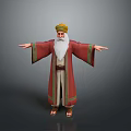 Man In Red Robe With White Beard Yellow Hat Arms Outstretched Against Grey Background