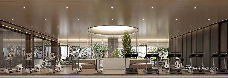 Modern Gym Interior With Fitness Equipment And Greenery 3d model 