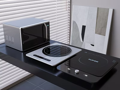 Sleek Modern Kitchen Countertop With Microwave Oven And Induction Cooktops Appliances 3d model