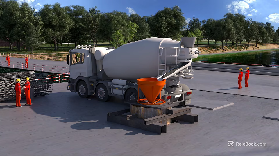 Concrete Mixer Truck At Construction Site With Orange Hopper And Worker Nearby Trees Blue Sky 3d model 