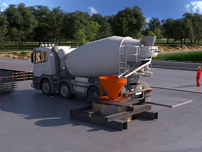 Concrete Mixer Truck At Construction Site With Orange Hopper And Worker Nearby Trees Blue Sky 3d model