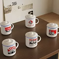 Five White Mugs With Lids And Red Black Patterns On Wooden Table 3d model